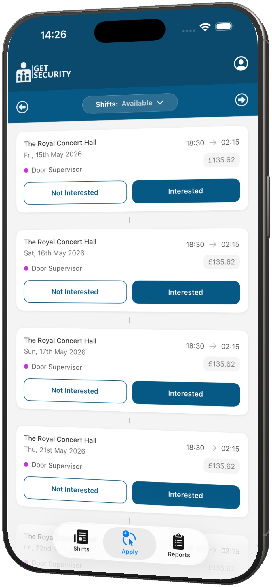 Get Security app available shifts screen
